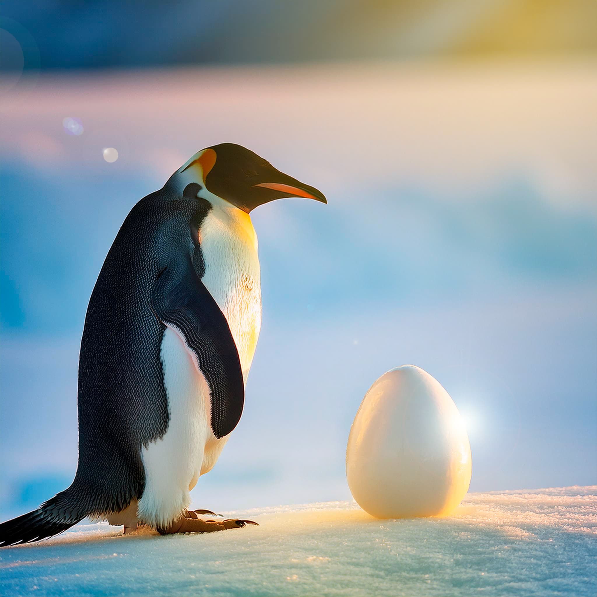 Pinguim observando um ovo sobre o gelo