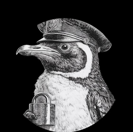 Ilustração de um pinguim de quepe segurando um cadeado
